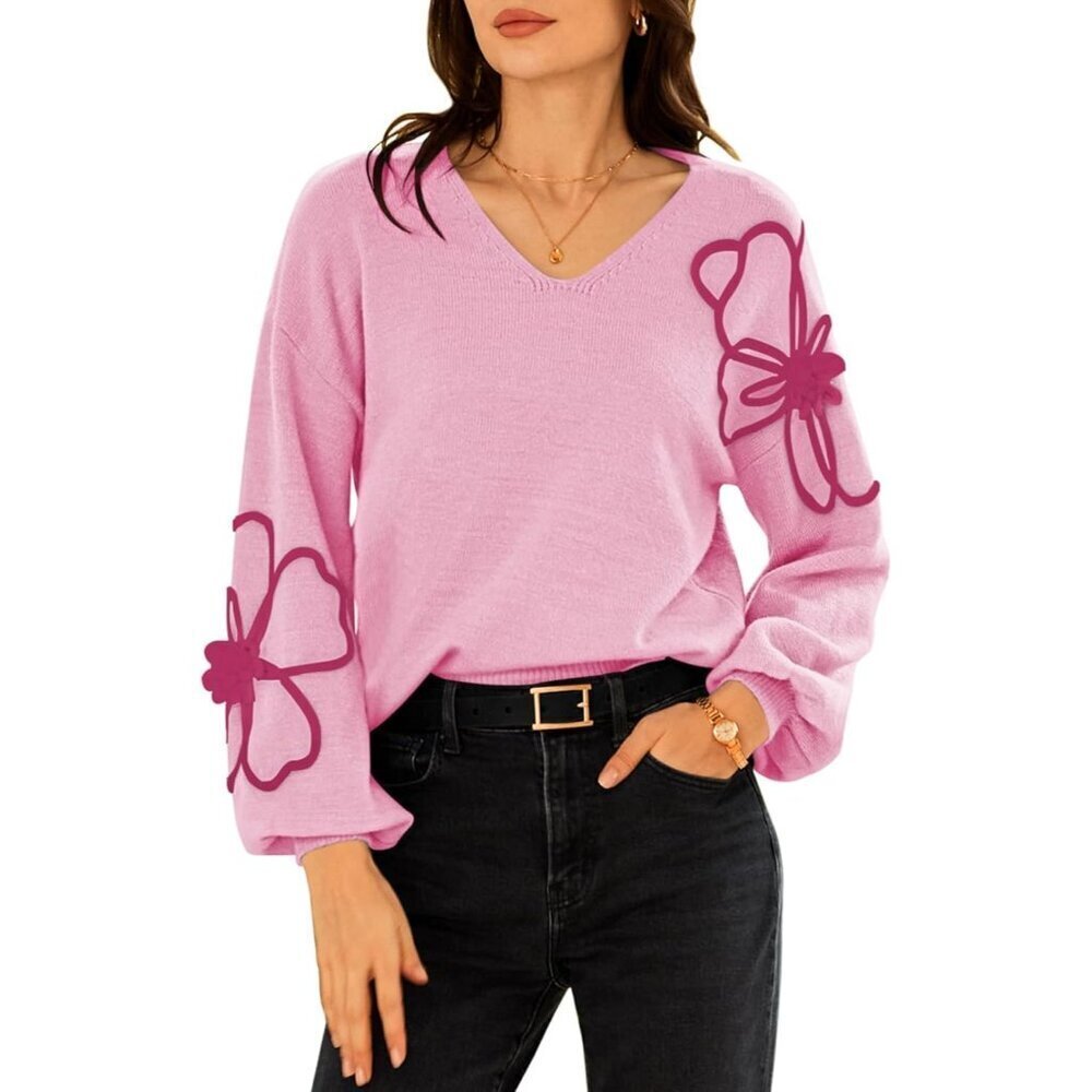 Women's Knit Floral V Neck Sweater Large Fall Casual Long Sleeve Pullover